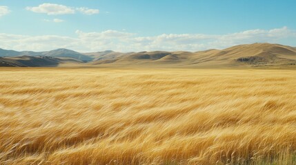 Golden wheat field blowing in the wind under a blue sky with fluffy clouds and distant mountains