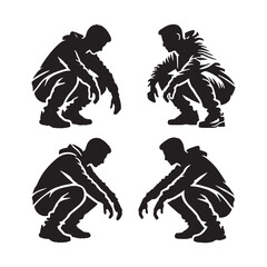 Bold set of crouching man silhouette - man crouching vector set - man crouching illustrations set
