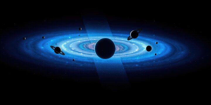 Blue galaxy with numerous planets orbiting around it against a black background, astronomical, space