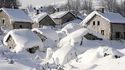 capture of a snow-covered village affected by an avalanche, showcasing the widespread impact on the community Avalanche.Impact 