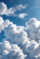 Blue sky background with billowing white clouds, big, above, vast