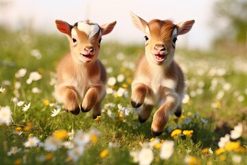 Springtime Fun: Playful Baby Goats Jumping and Running in Flower Field on Farm