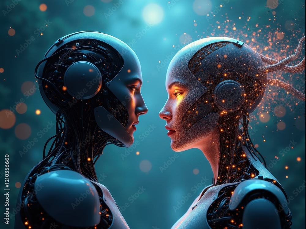 Poster confrontation between nanorobots and artificial intelligence showcases the clash of technology and i