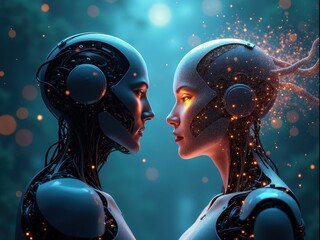 Confrontation between nanorobots and artificial intelligence showcases the clash of technology and innovation in a futuristic landscape