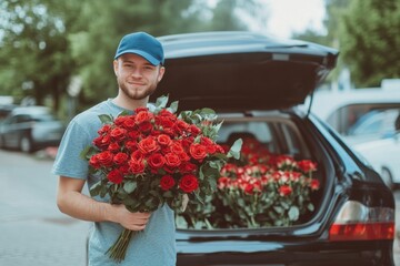 The courier takes a large bouquet of red roses out of the car