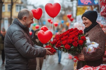 Elderly man congratulates happy girl on Valentine's Day and gives roses and balloons