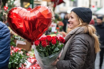 Young man congratulates happy girl on Valentine's Day and gives roses and balloons