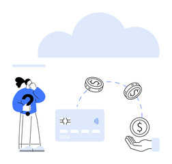 Person holding a question mark, credit card, coins, and hand catching money illustrate cloud finance. Ideal for fintech, online banking, mobile payments, financial planning, investment cloud