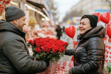 Elderly man congratulates happy girl on Valentine's Day and gives roses and balloons