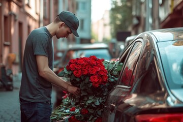 The courier takes a large bouquet of red roses out of the car