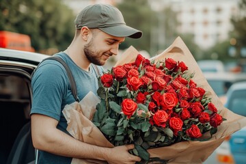 The courier takes a large bouquet of red roses out of the car
