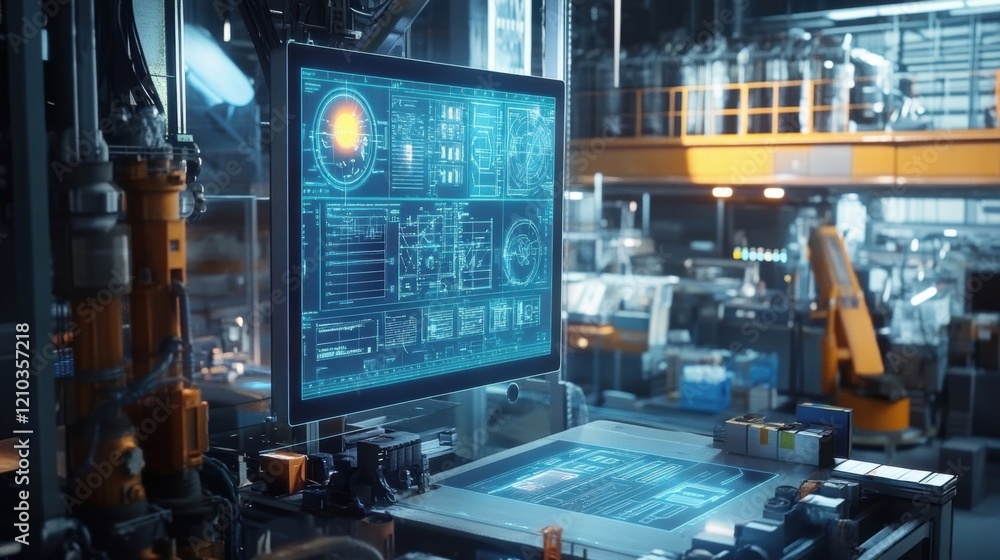 Poster futuristic industrial factory automation software showing manufacturing process data on computer scr