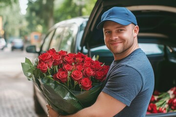 The courier takes a large bouquet of red roses out of the car