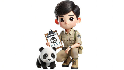 Conservation efforts featuring a cute panda and ranger cartoon style studio environment