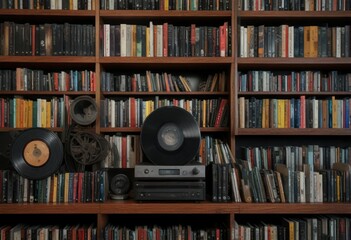 Bookshelf with vinyl records in the background, books, music, interior