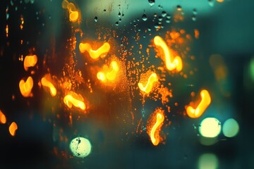 Raindrops forming abstract shapes on a glass pane, glowing faintly under backlighting