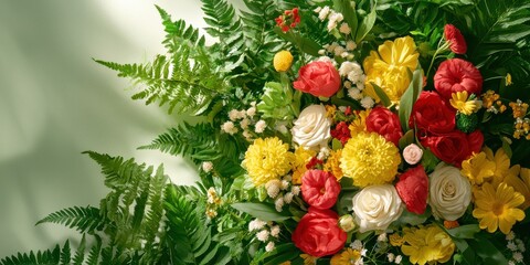 Fototapeta premium Vibrant floral arrangement in sunlit meadow nature colorful plants aerial view energy of spring