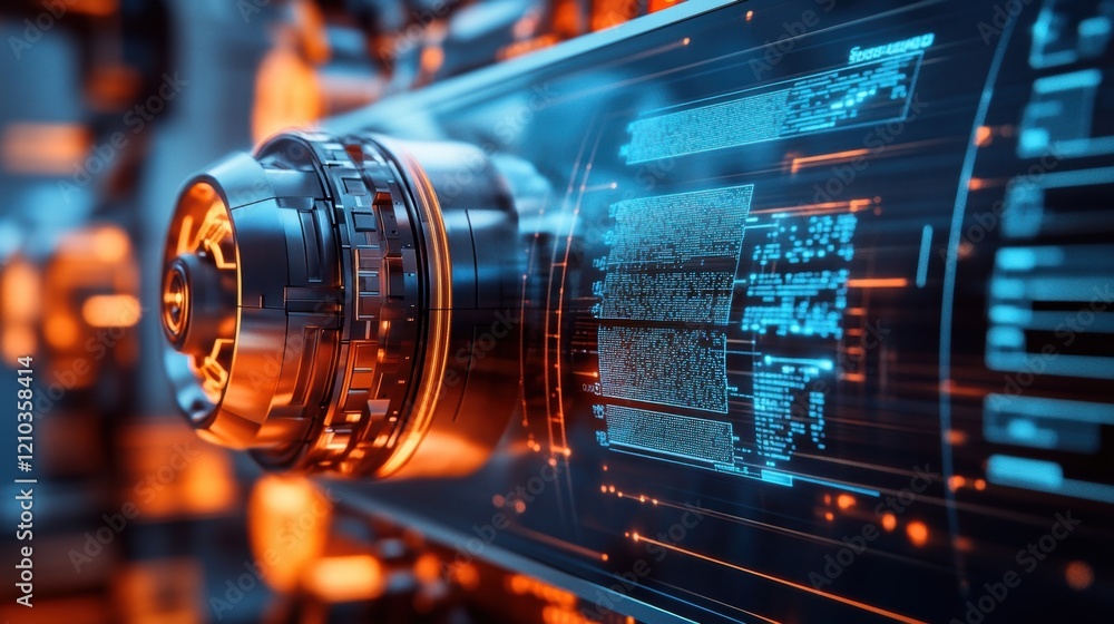 Poster complex engine featuring intricate details and advanced technology, complemented by a digital displa