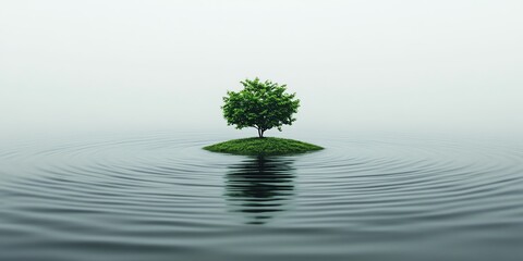 A solitary tree stands on a small island surrounded by calm water, creating a serene and tranquil atmosphere.