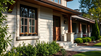 Obraz premium Luxury Home Exterior: Brick Facade, Landscaping, and Modern Design