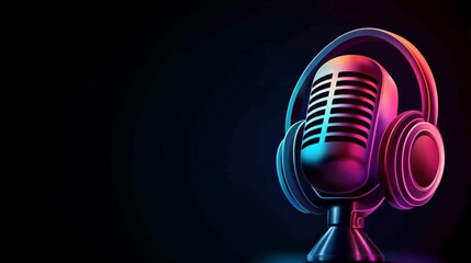 Brightly colored representation of radio waves and sound waves with a microphone and headphones