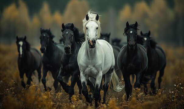 One white horse among black horses  - Powered by Adobe