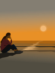 A woman sits on a sandy beach by the sea watching the sunset.
