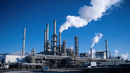 Obraz premium Large petrochemical plant emitting smoke from its chimneys under a clear blue sky, highlighting the industrial processes and potential environmental impact