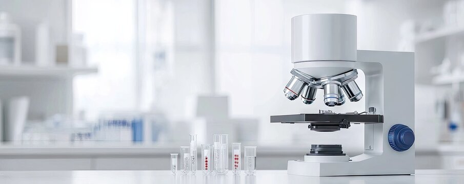 Lab microscope, test tubes, research. Science, medicine background