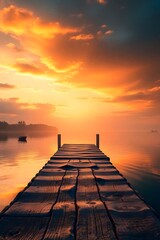 Obraz premium Golden light fills a dreamy lakeside at sunrise, casting a mystical glow on the dock. 