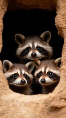 Fototapeta premium Adorable baby raccoons cuddle together in a cozy den during golden hour glow