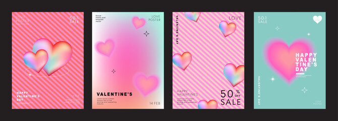 Set of modern design templates for Valentine's day, Love card, banner, poster, sale promotion, cover, invitation, wedding, backgrounds. Trendy 3d gradients with heart shapes. Vector illustration.