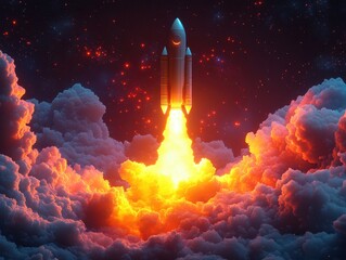 A rocket launching through colorful clouds, symbolizing exploration and innovation.