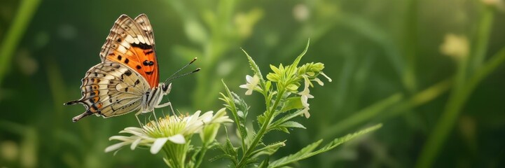 Obraz premium Butterfly on a green grasshopper flower with soft lighting and blurred background, natural light, botanical , green grasshopper