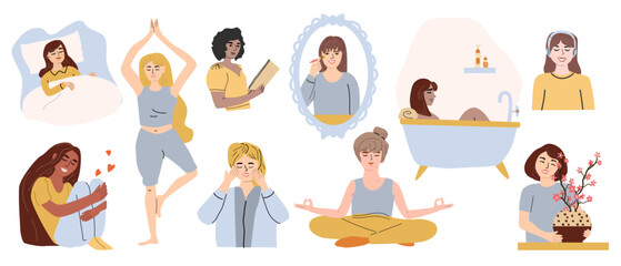 Vector set of self care icons. Daily lifestyle, mental health concept with cute woman. Slow life concept with peoples vector illustrations set. Relax activities, beauty routines. Selfcare stickers. 