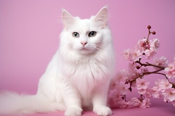 Portrait of a happy turkish angora cat isolated in solid color backdrop