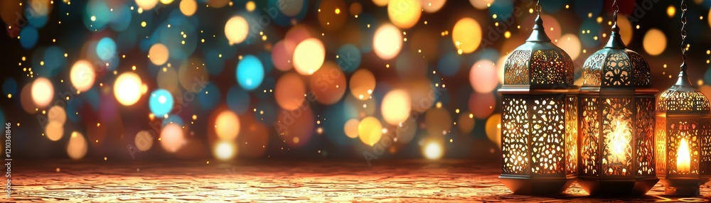 Aufkleber a serene scene featuring ornate lanterns amidst a backdrop of shimmering bokeh lights in warm tones,