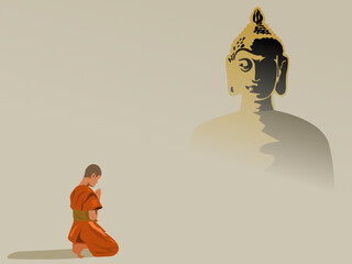 Buddhist monks kneel and worship Buddha statues.gray background