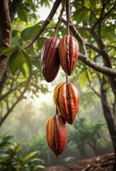 Cacao pods hanging from the branches of a tree, nature's abundance, fruit, sacred plant