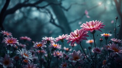 Mystical Pink and White Daisies in Dark Ethereal Forest Landscape