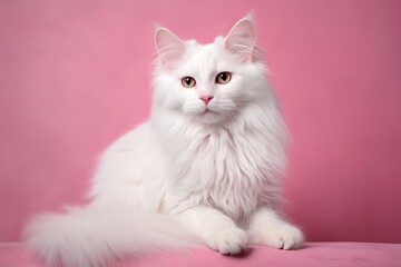 Portrait of a happy turkish angora cat while standing against solid color backdrop