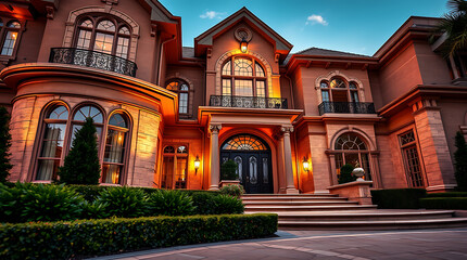 Obraz premium Majestic Mansion at Dusk: A Captivating View of Opulent Architecture
