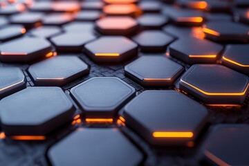 Fototapeta premium Repeating hexagonal tiles with intricate glowing details, forming a futuristic, radiant grid