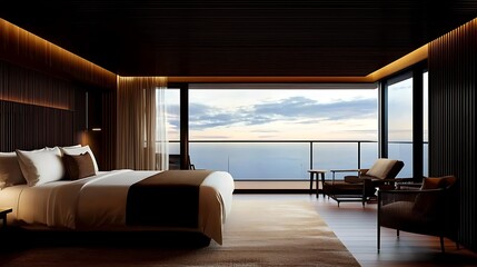 Fototapeta premium Ocean view luxury bedroom suite, sunrise, tranquil interior design, hotel room