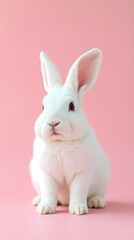 Obraz premium White cute dutch lop rabbit standing on pink background