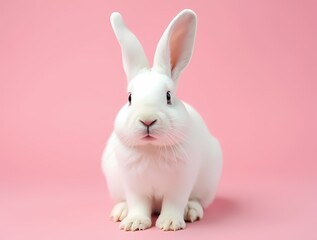 Fototapeta premium White cute dutch lop rabbit standing on pink background