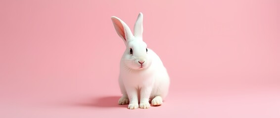 Obraz premium White cute dutch lop rabbit standing on pink background