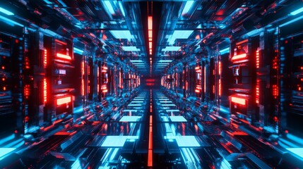 Fototapeta premium cyberpunk cityscape with glowing red and blue lights, futuristic and vibrant, high detail reflections and atmosphere