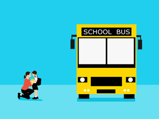 A mother is dropping off her child to catch the school bus.blue background
