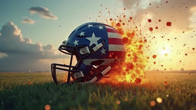 Casque au motif du drapeau am&eacute;ricain sur le gazon, des braises jaillissent &agrave; l'arriere du casque AI | IA